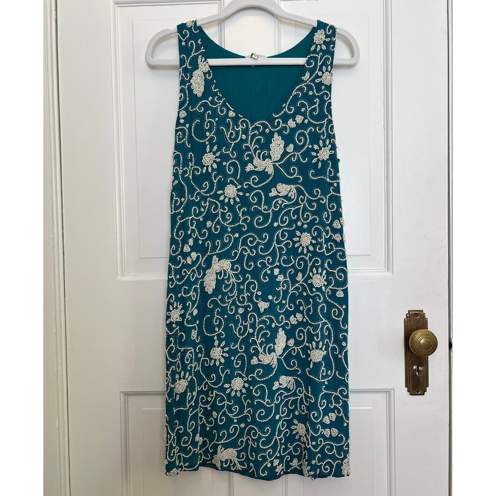 Joie Silk Mini Sundress Teal Blue White Beaded Floral Sun Design Women's XS